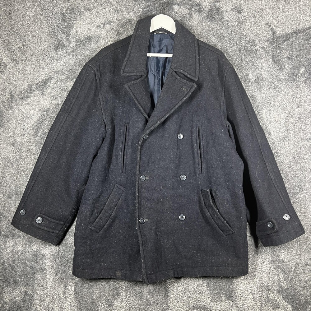 Tibbett Montgomery Duffle Coat Mens L Blue Wool Tweed Pea Coat Collared